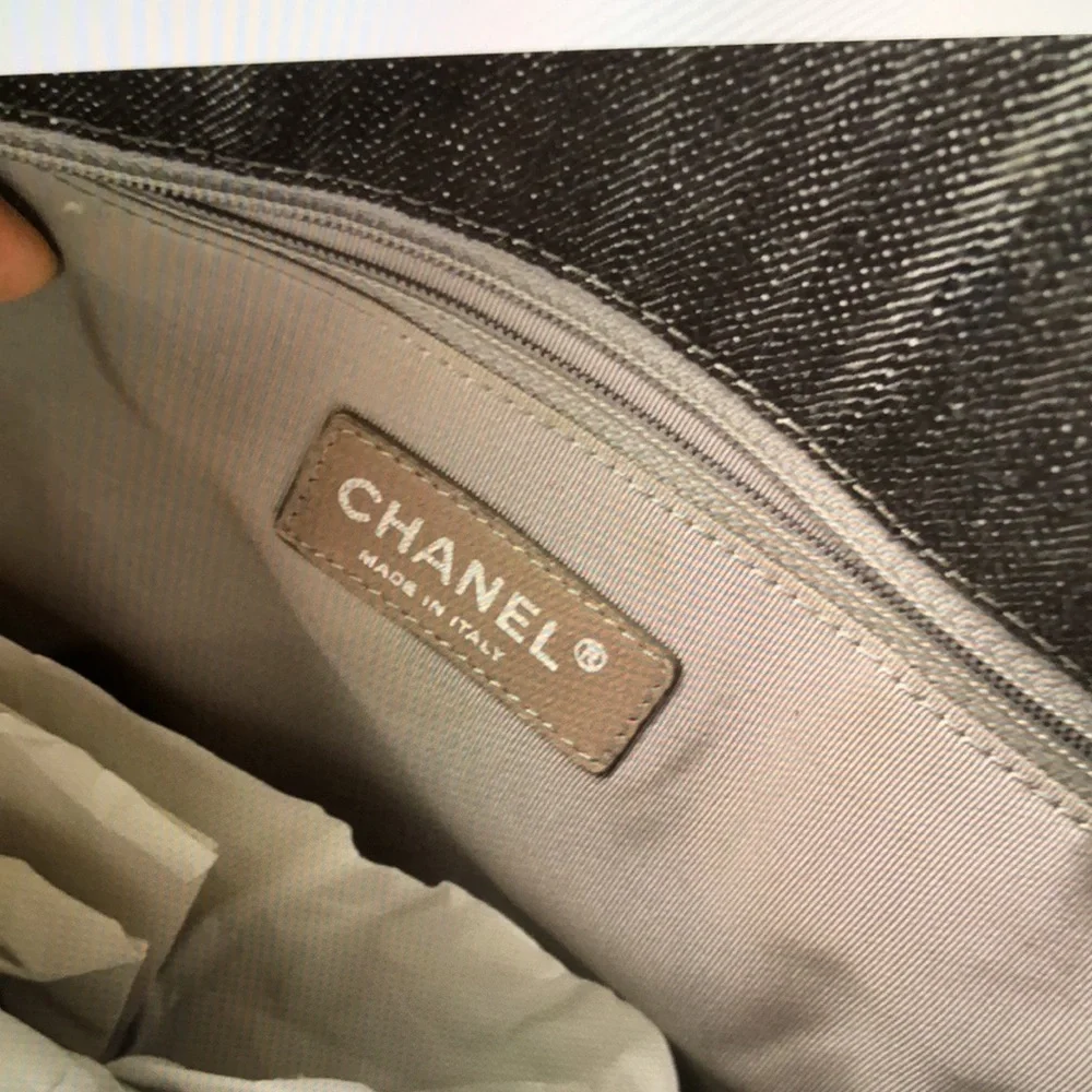 - Chanel black quilted denim timeless cc tote bag